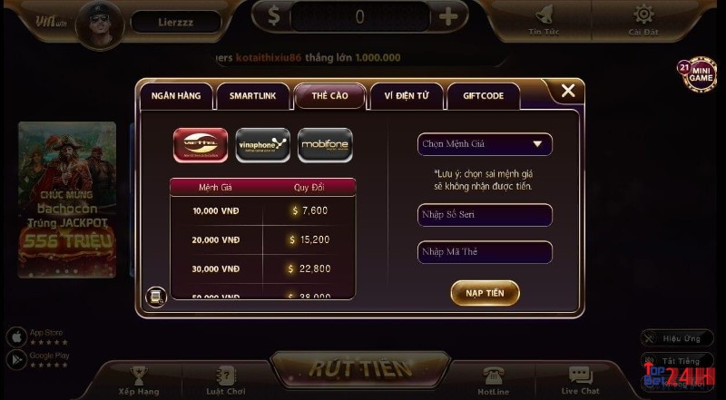 VinWin cho phép người chơi nạp và rút tiền theo phương thức thẻ điện thoại