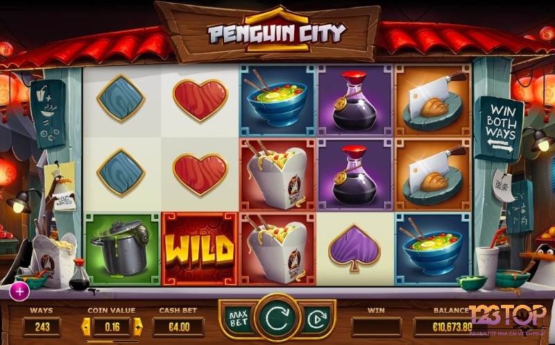 Slot Penguin City có bố cục 5 cột, 3 hàng đặc trưng