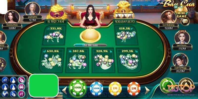 Game bầu cua online thiết kế bàn cược có các con vật được in trên xúc xắc